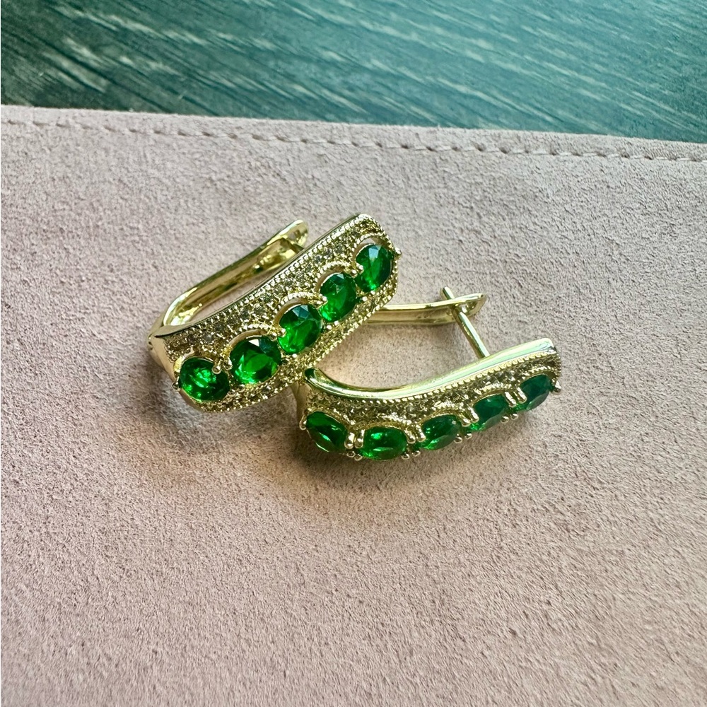 Simulated Emerald and Diamond Lever Back Elongated Hoop Earrings